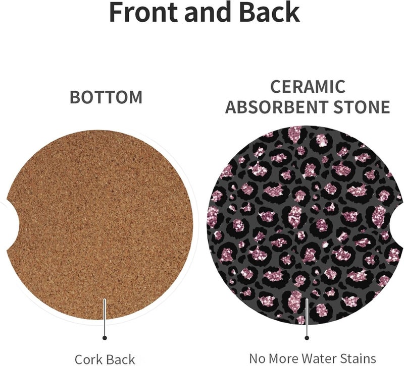 CTVSLFU Absorbent Car Coasters for Cup Holders, 2 Pack Universal Anti Slip Ceramic Cup Coaster for Women Men 2.56 Inch Car Interior Accessories - Black Pink Leopard 005 - Image 2